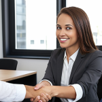 ** A confident job applicant shaking hands with an interviewer in a modern office setting. Focus on strong eye contact and a positive, professional atmosphere.

**
