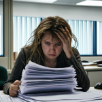 **

A frazzled woman stands at a government office window, looking distraught. In the background, blurred figures search through stacks of papers. A computer monitor displays lines of code. The overall tone is bureaucratic chaos mixed with a glimmer of hope.

**