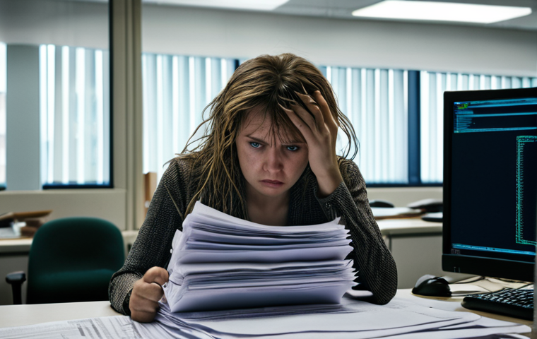 **
A frazzled woman stands at a government office window, looking distraught. In the background, blurred figures search through stacks of papers. A computer monitor displays lines of code. The overall tone is bureaucratic chaos mixed with a glimmer of hope.
**