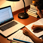 A young adult studying at a desk covered in books and notes, illuminated by a warm lamp. Laptop open with an online course displayed. A "Pomodoro" timer is visible, and a healthy snack (e.g., fruit and nuts) sits nearby. The scene conveys a sense of focused work and a balanced lifestyle, combining studying with effective time management tools. The atmosphere is cozy and inviting, encouraging viewers to imagine themselves in a productive study setting.
