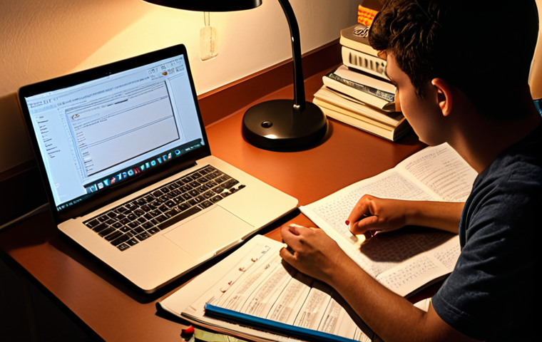 A young adult studying at a desk covered in books and notes, illuminated by a warm lamp. Laptop open with an online course displayed. A "Pomodoro" timer is visible, and a healthy snack (e.g., fruit and nuts) sits nearby. The scene conveys a sense of focused work and a balanced lifestyle, combining studying with effective time management tools. The atmosphere is cozy and inviting, encouraging viewers to imagine themselves in a productive study setting.