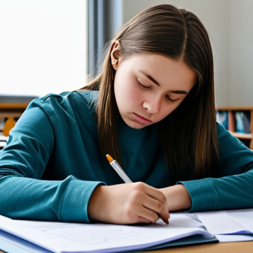 **

"A student fully clothed in modest attire, sitting at a desk with exam papers, appearing calm and focused. The environment is a quiet library setting with natural lighting. The student is taking a deep breath, eyes closed briefly, then returning to the test with a determined expression. Perfect anatomy, correct proportions, well-formed hands, proper finger count, natural pose, safe for work, appropriate content, professional, modest, family-friendly, high quality photography, realistic."

**