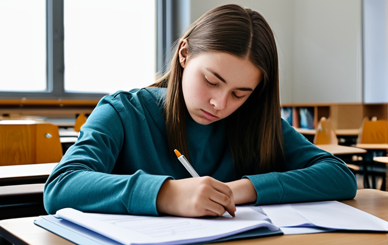 **

"A student fully clothed in modest attire, sitting at a desk with exam papers, appearing calm and focused. The environment is a quiet library setting with natural lighting. The student is taking a deep breath, eyes closed briefly, then returning to the test with a determined expression. Perfect anatomy, correct proportions, well-formed hands, proper finger count, natural pose, safe for work, appropriate content, professional, modest, family-friendly, high quality photography, realistic."

**