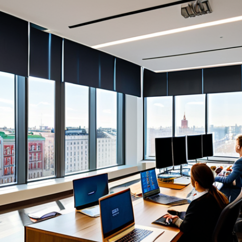 Modernizing the Civil Service**

A bright, modern office environment in Moscow. A diverse group of young professionals are participating in an online training session on their laptops, focusing on digital government services. Sunlight streams through large windows overlooking a bustling city street. A graph displaying increasing efficiency metrics is subtly visible on a screen in the background. fully clothed, appropriate attire, safe for work, perfect anatomy, natural proportions, professional photography, high quality, professional, modest, family-friendly.

**