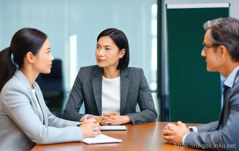 공무원 조직 내 갈등 관리의 성공 사례 - **Prompt:** A dynamic meeting scene in a brightly lit, modern government office. Focus on a diverse ...