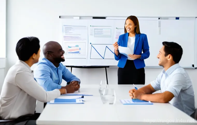 공무원 조직 내 갈등 관리의 성공 사례 - **Prompt:** A structured mediation session taking place in a comfortable, neutral meeting room. Thre...