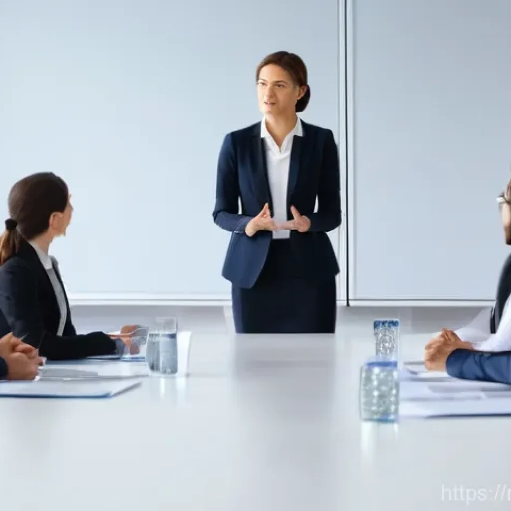 공무원 승진 시험 준비 전략 - **A confident female government official in her mid-30s** stands at the head of a modern conference ...