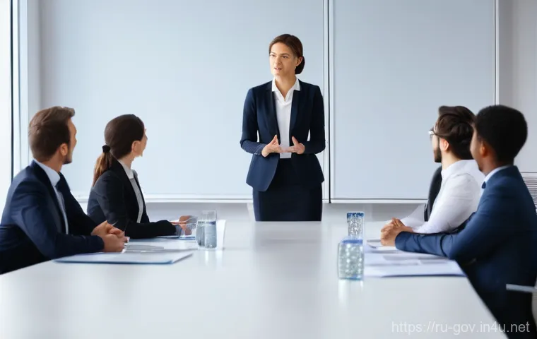 공무원 승진 시험 준비 전략 - **A confident female government official in her mid-30s** stands at the head of a modern conference ...