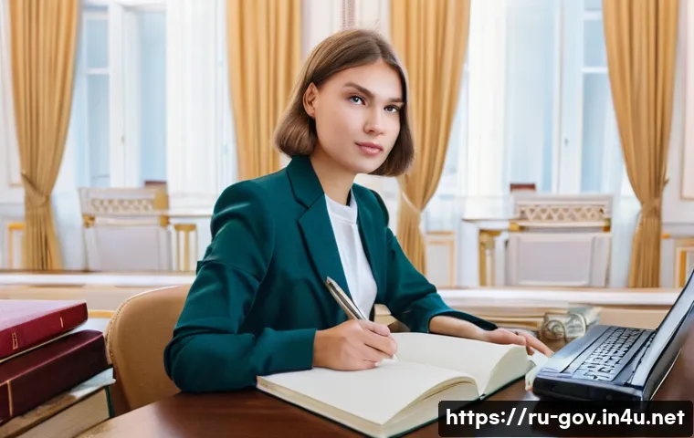 국가공무원 자격 시험 지원 절차 - **Prompt:** A focused and ambitious young Russian woman, approximately 22 years old, sits at a clean...