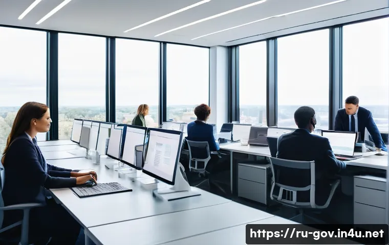 공무원 직무와 관련된 디지털 도구 - **Prompt 1: Modern Public Service Efficiency**
A group of diverse public servants (men and women...