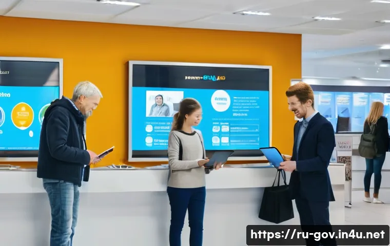 국가공무원 채용 트렌드 분석 - **Prompt:** A dynamic, wide shot of a modern, brightly lit Russian Multifunctional Center (MFC), bus...