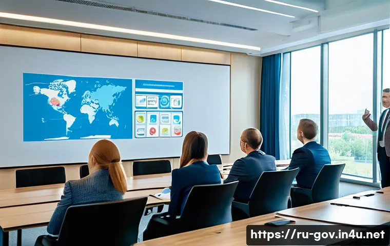 공무원 연수 과정 및 후기 - A professional training seminar for Russian government employees in a modern conference room setting...