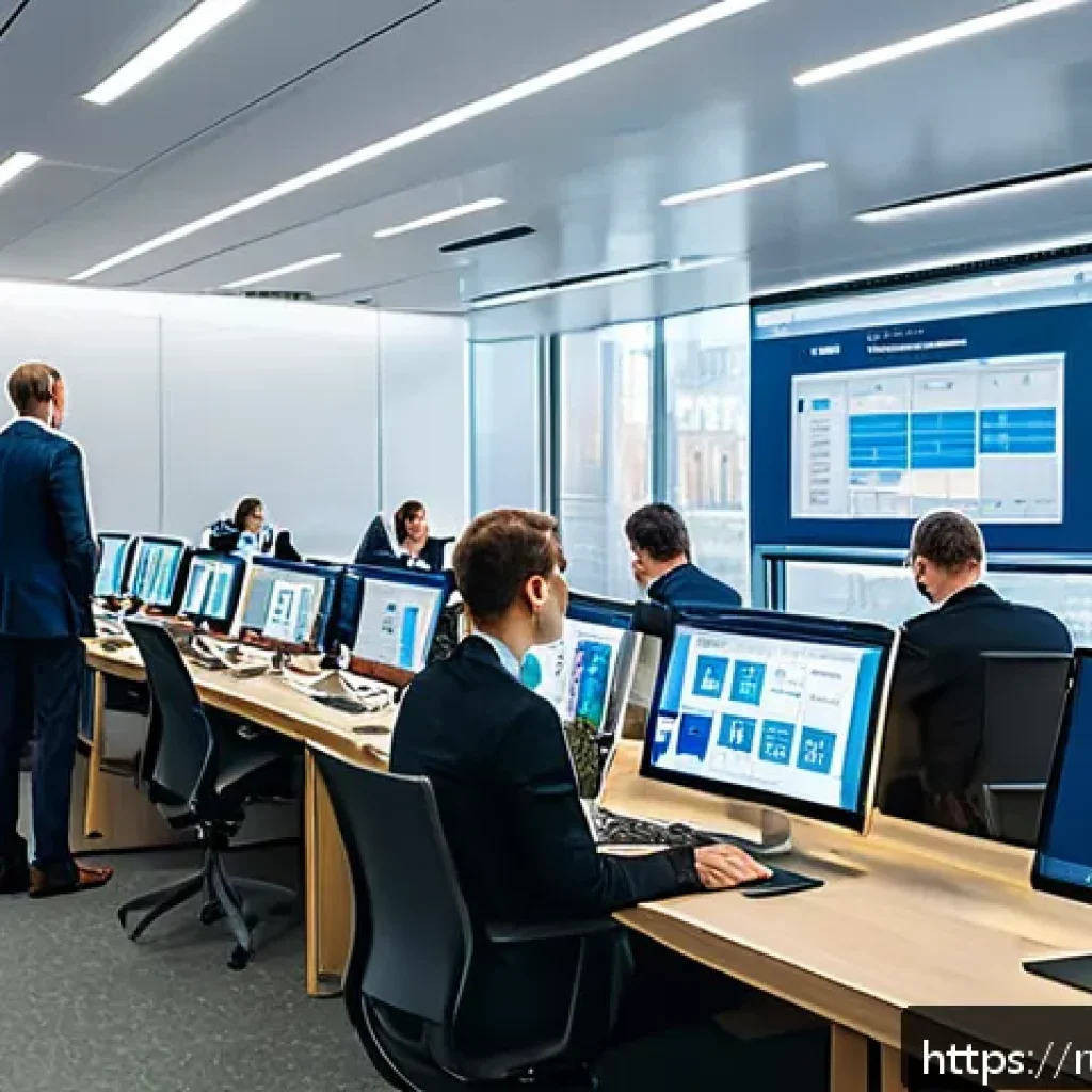 공무원 일상 업무 사례 분석 - A modern government office setting in Moscow with diverse civil servants using digital tools: employ...