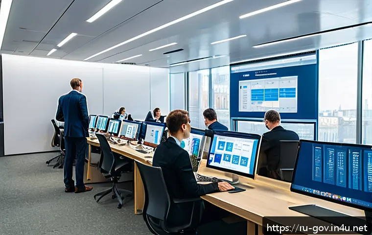 공무원 일상 업무 사례 분석 - A modern government office setting in Moscow with diverse civil servants using digital tools: employ...