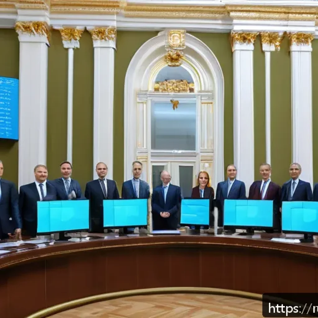 공무원 직렬별 추천 진로 및 커리어 - A professional government office scene in Moscow, showing a diverse group of Russian civil servants ...