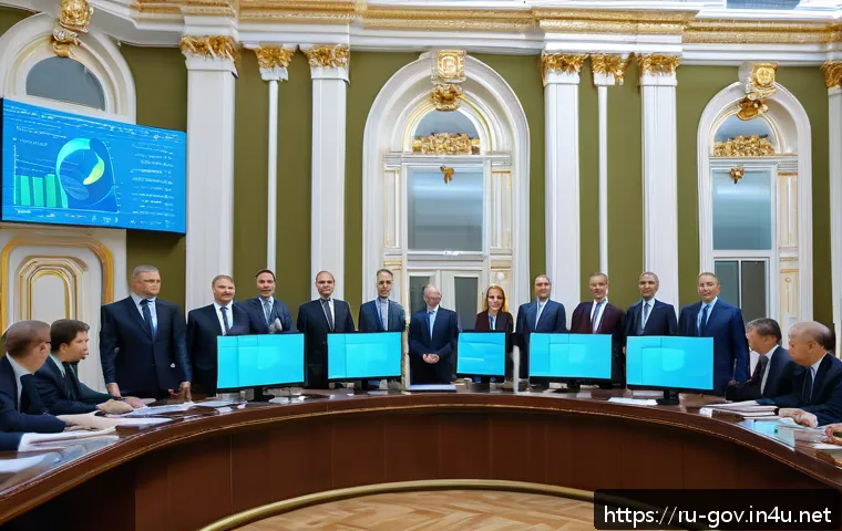 공무원 직렬별 추천 진로 및 커리어 - A professional government office scene in Moscow, showing a diverse group of Russian civil servants ...