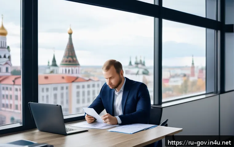 공무원 생활 중 주요 에피소드와 해결 사례 - A professional Russian government employee in a modern office setting, thoughtfully planning their d...