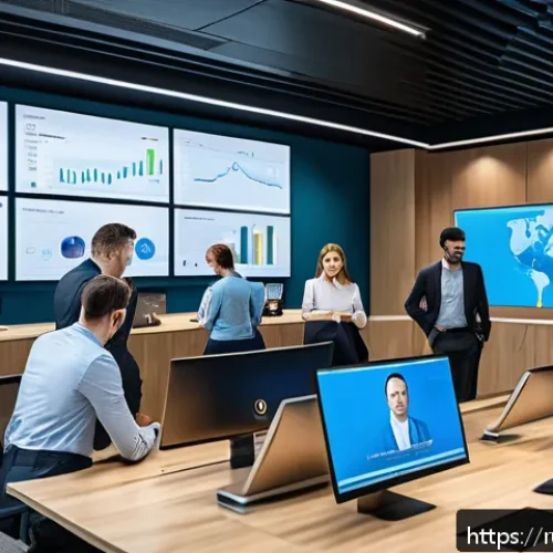 Home 32 공무원 조직 내 의사소통 기술 - A modern government office interior showing diverse employees actively collaborating using digital p...