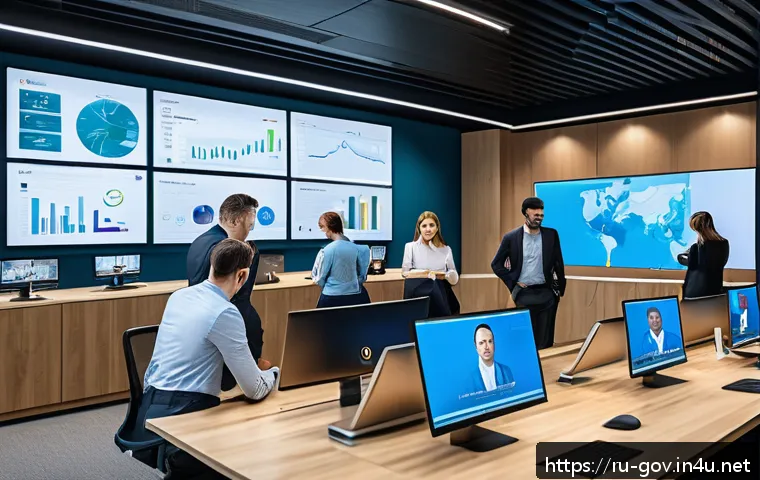 공무원 조직 내 의사소통 기술 - A modern government office interior showing diverse employees actively collaborating using digital p...