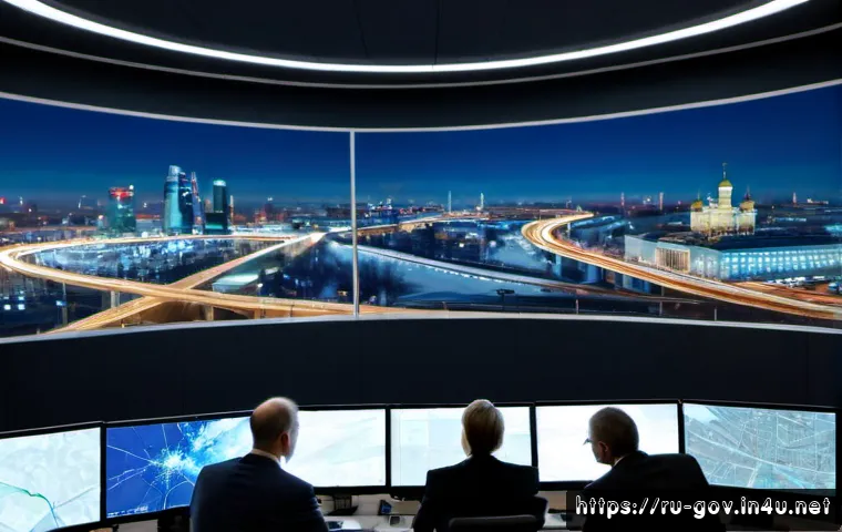 공무원 직무와 관련된 트렌드 기술 - Photorealistic municipal operations center in Moscow, diverse Russian civil servants in professional...