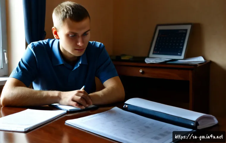 Home 17 공무원 시험과 관련된 주요 정책 변화 사례 - Photorealistic Russian civil service exam preparation scene, a focused adult candidate studying at a...