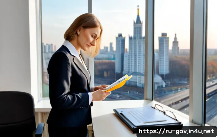 공무원 동기부여 성공 사례 - Photorealistic Russian civil servant success story, confident middle-aged woman in professional mode...